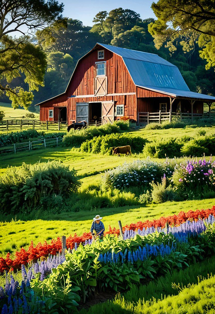 A picturesque hobby ranch in a lush green landscape, showcasing rows of organic vegetables and vibrant wildflowers. Include a farmer lovingly tending to the crops with a backdrop of a rustic barn and grazing animals. Warm sunlight filters through the trees, creating a serene atmosphere that embodies the essence of sustainable farming. super-realistic. vibrant colors. peaceful countryside.