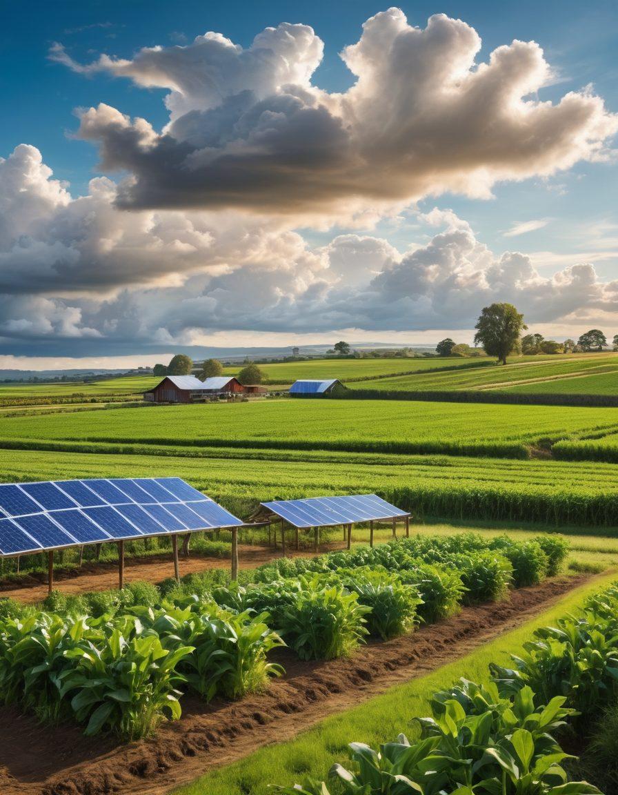 A serene landscape depicting a lush green farm transitioning from traditional pastoral elements to modern sustainable practices, featuring a farmer tending to vibrant crops, solar panels in the background, and wildlife thriving nearby. The sky is bright blue with fluffy clouds, and the foreground showcases a wooden sign saying 'Agricultural Sustainability'. vibrant colors. super-realistic.