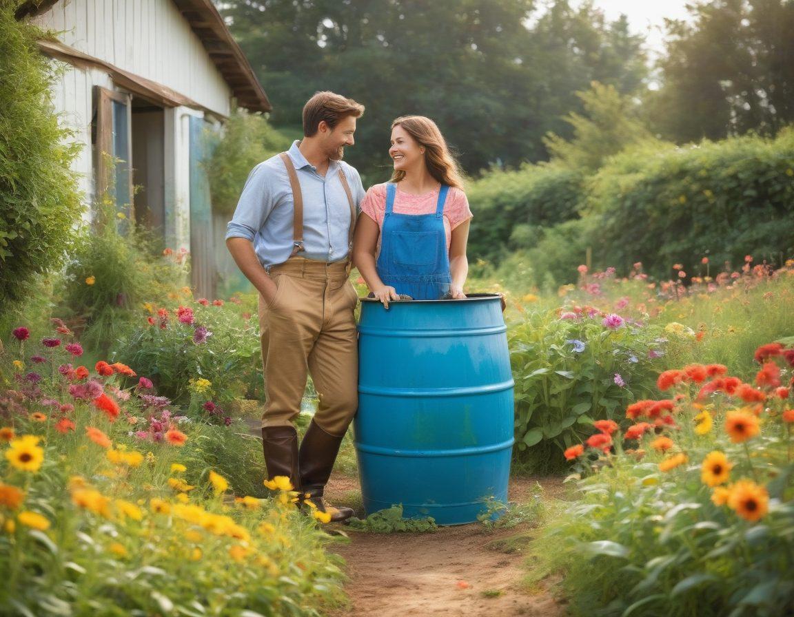 A lush, vibrant farm scene showcasing a diverse array of crops alongside a couple nurturing a small garden, surrounded by colorful flowers and butterflies. The sun shines brightly in a clear blue sky, symbolizing hope and growth. Include elements of sustainable farming, like a compost bin and rainwater collection barrels. The couple is smiling, radiating love for the land. bright colors. soft focus. painting.